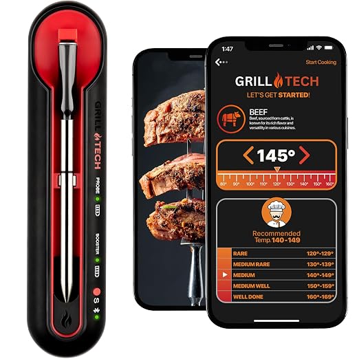 Grill Tech Smart Bluetooth Meat Thermometer Wireless Thermometer for Grilling and Smoking, Precision Accuracy, 950ft Range, USB-C Rechargeable Case, Grill Tech App for Grilling
