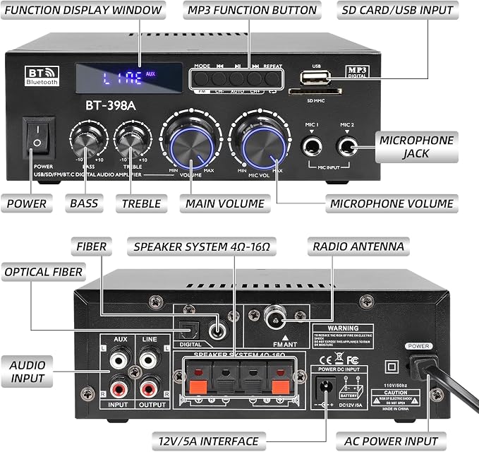 Joengoep BT-398A Stereo Audio Amplifier,Receiver for Speakers Max 900W,2.0 Channel Stereo Receiver with FM Radio,USB/SD/AUX Optical & Coaxial Input for Passive Speakers