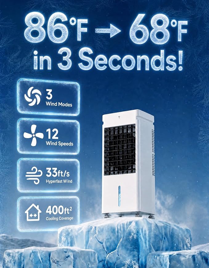 Portable Air Conditioners, 3 Wind Modes, 12 Speeds, 70° Oscillation, XL Water Tank, Evaporative Air Cooler, Swamp Cooler Air Conditioner Portable, Personal Air Conditioner Air Cooler for Bedroom Room