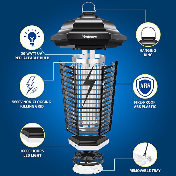 Bug Zapper Outdoor with LED Light, 5600V Electric Fly Zapper, Plug-in Mosquito Killer, 3 Prong Plug, Mosquito Zapper, Fly Traps, Flying Insects Zapper Indoor Outdoor, ABS Plastic