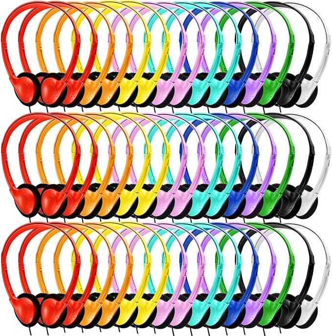 Bulk Headphones 50 Pack for Kids School Classroom,Wholesale Wired Adjustable On Ear Earphones Class Set for Students Children Toddler Teens Boys Girls and Adult (GS857, 50 Mixed)