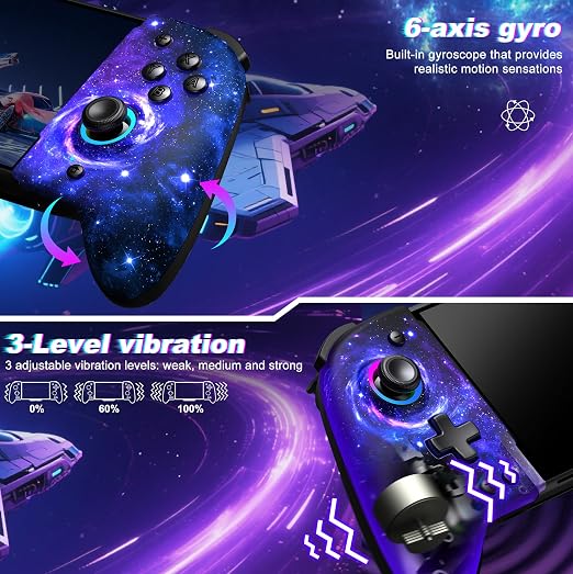 Gammeefy Switch Controller – Hall Effect Joysticks & Enhanced Grip – One Piece Switch Joypad Replacement Switch Pro Controller with 8-Color RGB Lighting, Turbo, Macros - Starry Sky, 6.2"/7"