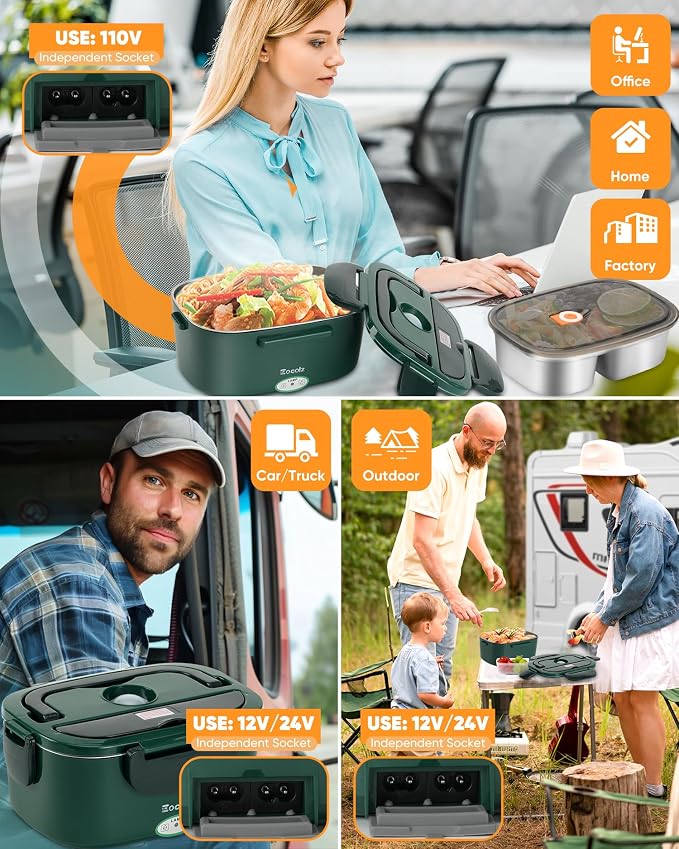Eocolz Electric Lunch Box Food Heater 80W for Adults, Portable Food Warmer Heated Lunch Box for Car Truck Work with 1.5L Stainless Steel Container Fork & Spoon 12/24/110V Lonchera Eléctrica Portátil