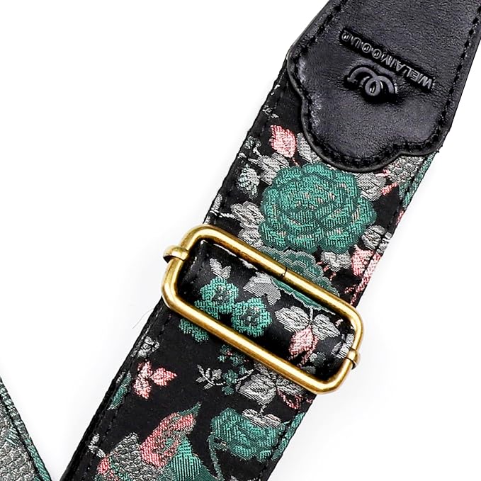 Guitar Strap, Electric& Acoustic Bass Guitar Straps,Embroidered Filament with Head Cowhide Leather Strap, with Free Strap Button,2 Guitar Strap Locks，4Guitar Pick (Birds and Flowers)