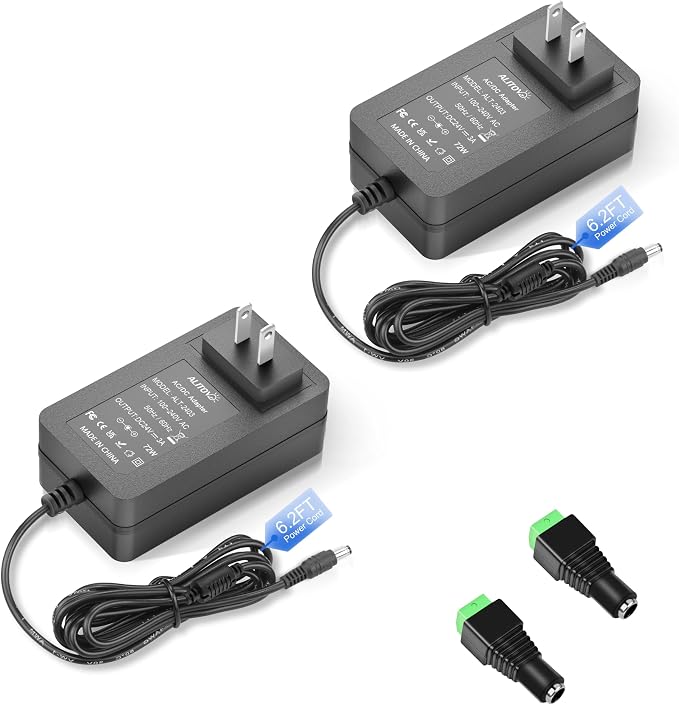 ALITOVE 24V Power Supply 3A 72W AC Adapter 6.2FT Power Cord 100-240V to DC 24 Volt 3A 2A 1A Amp Transformer Converter 5.5x2.5mm DC Plug for LED Strip Module Light, CCTV Camera System (2 Pack)