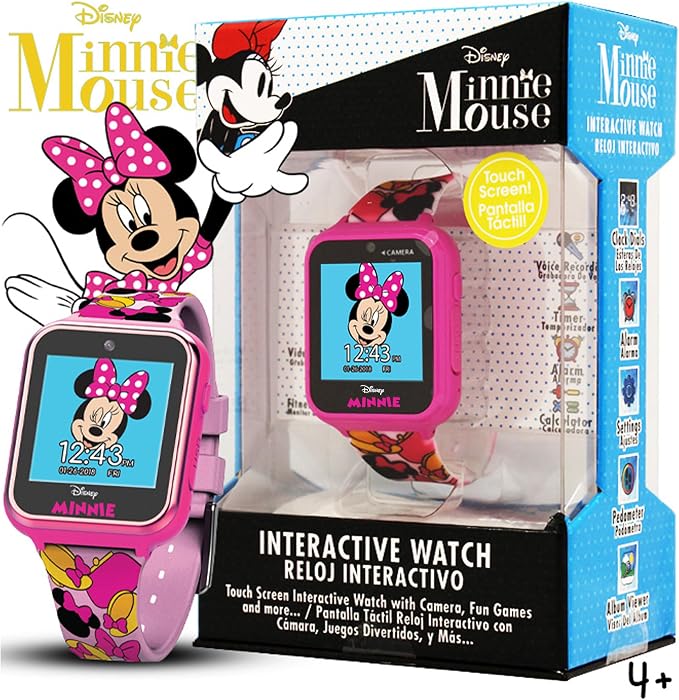 Disney Minnie Mouse Interactive Kids Smartwatch – Touchscreen Watch with Camera, Games, Voice Recorder, Step Tracker, Alarm & Timer – Fun Minnie Design, USB Rechargeable – Fits Wrists 5.5" to 8"