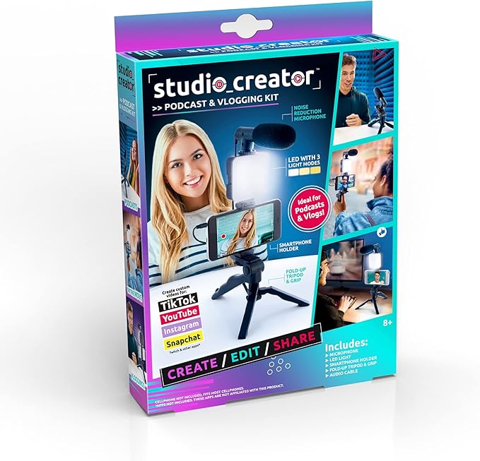 Canal Toys New Studio Creator Podcast & Vlogging Kit – Record Your own podcasts and Vlogs Like Your Favorite influencers! Fold-up Tripod, LED Light & Microphone. Ages 8+