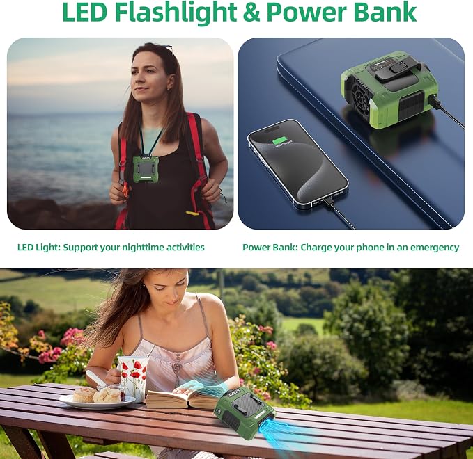 AMKEN Waist Fan, 10000mAh Rechargeable Belt Clip Fan, 24H Runtime, 49ft/s Strong Airflow, 3-Speed 7-in-1 Hands-Free Wearable with LED SOS Warning Light for Jobsite, Warehouse, Camping, Outdoor Work