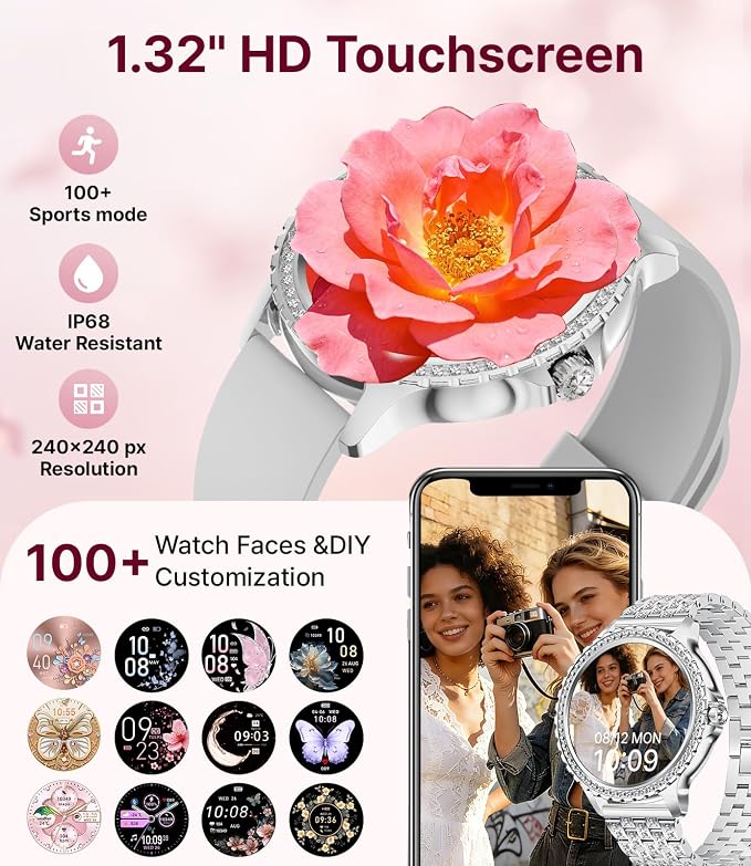 Smart Watches for Women,1.32" HD Fitness Tracker Watch with Answer/Make Call,AI Voice Control,Heart Rate/Calories/SpO2 Monitor 100+ Sport Modes Ladies Smartwatch for Android iOS 2 Straps ( BW1845-T11)