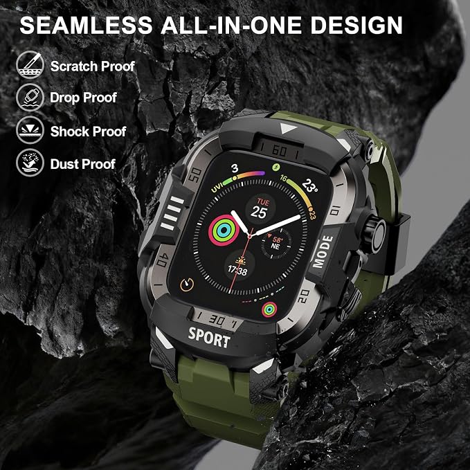 DABAOZA Rugged Case with Band Compatible with Apple Watch 45mm, for iWatch Series 9/8/7,Military Grade Shockproof Bumper and Men's Tactical Heavy Duty Strap(Army Green,45MM)