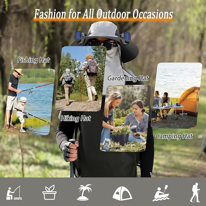 Wide Brim Solar Fan Hat for Men Women, 2026 3-in-1 Detachable Solar Powered Fan Hat, with Removable Neck Cap and Face Mask