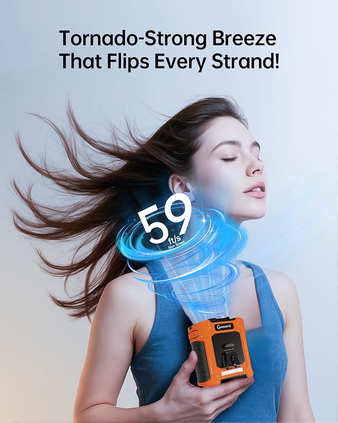 Waist Fan, 10000mAh Rechargeable Belt Clip Fan, 59ft/s Airflow, 18500RPM 6-Speed, Up to 35H, 8-in-1 Hands-Free Personal Cooling with Bottom Air Intake, LED SOS Light for Camping, Travel, Jobsite