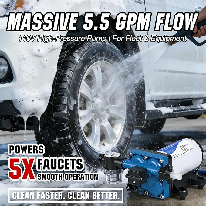 DC HOUSE 110V Camper Water Diaphragm Pump with Power Plug 42-Series 5.5GPM 70PSI High Pressure On Demand Self Priming Water Booster Pump for Kitchen Bathroom RV Garden Hose Rain Barrel Sprinkler