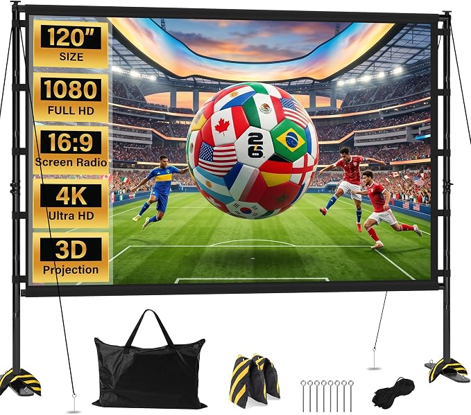 Outdoor Projector Screen with Stand 120 Inch, 16:9 Portable 4K HD Indoor Movie Screen, Large Double-Sided Washable Screen with Carry Bag, Sandbags for Backyard, Camping, Home Theater