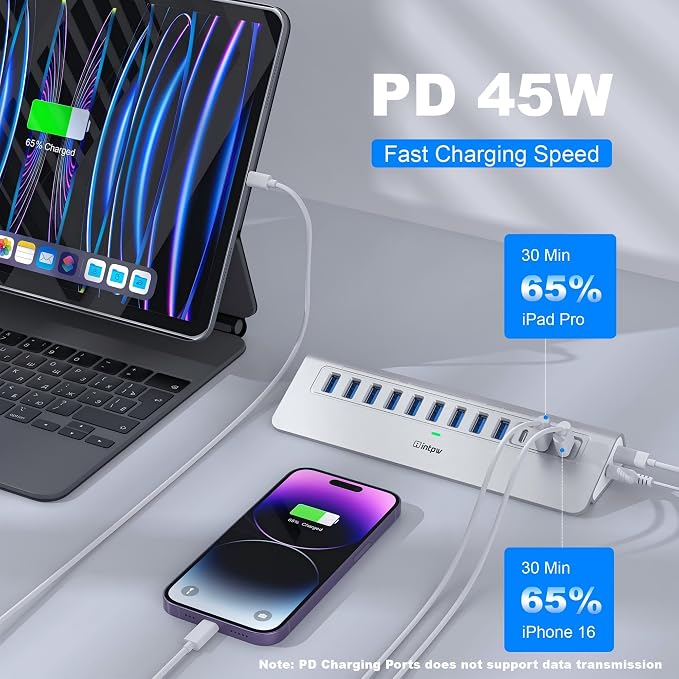 Powered USB Hub 10Gbps, intpw YH9AC 12 Port USB C Hub with 10Gbps USB C 3.2+2 USB A 3.2, 7 USB 3.0, 2 PD 45W Charging Port, 65W Power Adapter + 3.3FT Cable, Aluminum USB Hub for PC/Laptop/iPhone 17/16