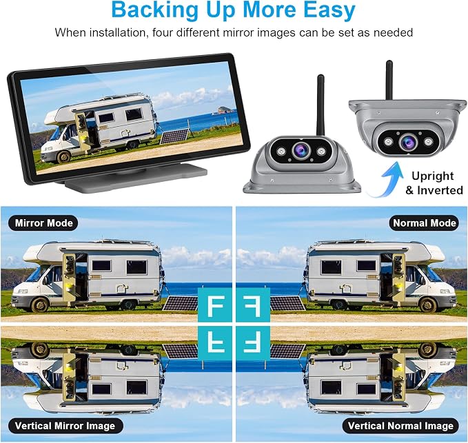 Wireless Backup Cameras System for RV Truck Trailer Camper Pickup Motorhome 5th Wheels with High Brightness HD 1080P 10.26" Touch Screen 150° Wide View Image Video Recording Reverse Camera