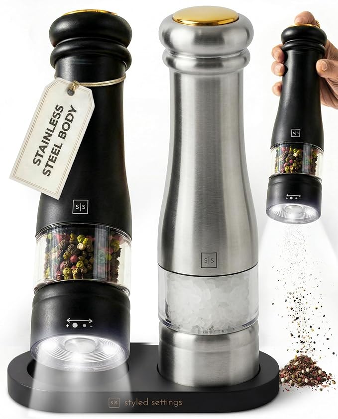 Electric Salt and Pepper Grinder Set - Styled Settings Electric Salt and Pepper Shakers, Automatic Stainless Steel Set with LED Light, Battery Operated, Adjustable Coarseness, Wood Base