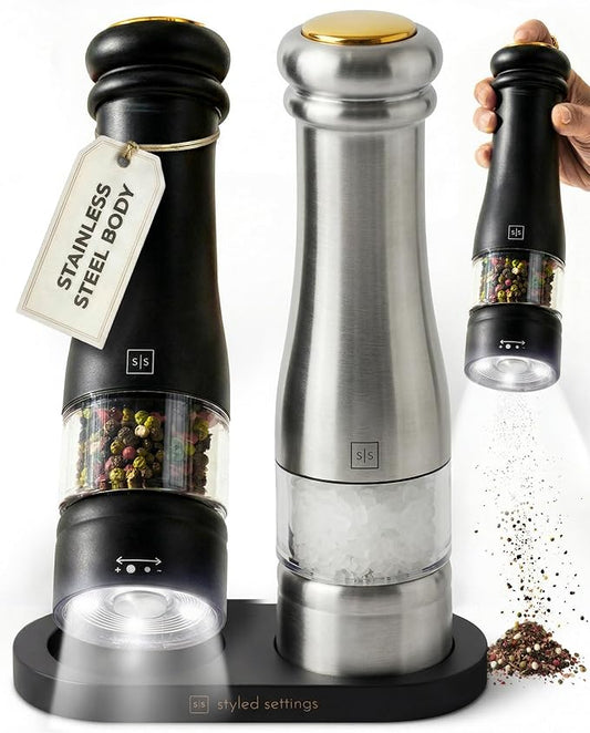 Electric Salt and Pepper Grinder Set - Styled Settings Electric Salt and Pepper Shakers, Automatic Stainless Steel Set with LED Light, Battery Operated, Adjustable Coarseness, Wood Base