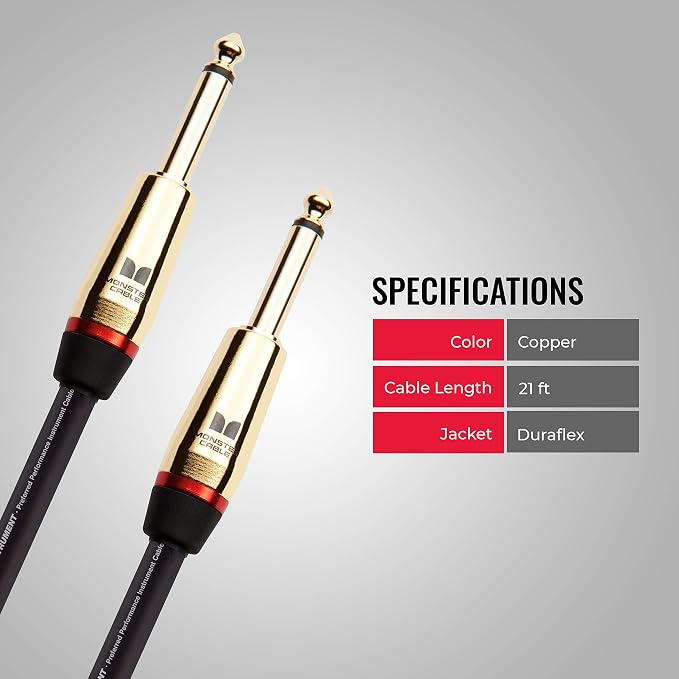 Monster Prolink Rock Instrument Cable. 21 ft Straight to Straight Cable. for Electric Guitar Cable. 95% Copper Braided Shielded