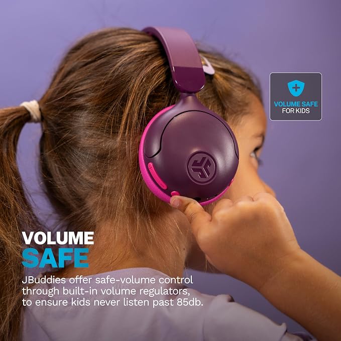 JLab, JBuddies ANC, 2 in 1 Kids Headphones, Active Noise Cancelling Wireless + Wired Over Ear, Purple/Pink