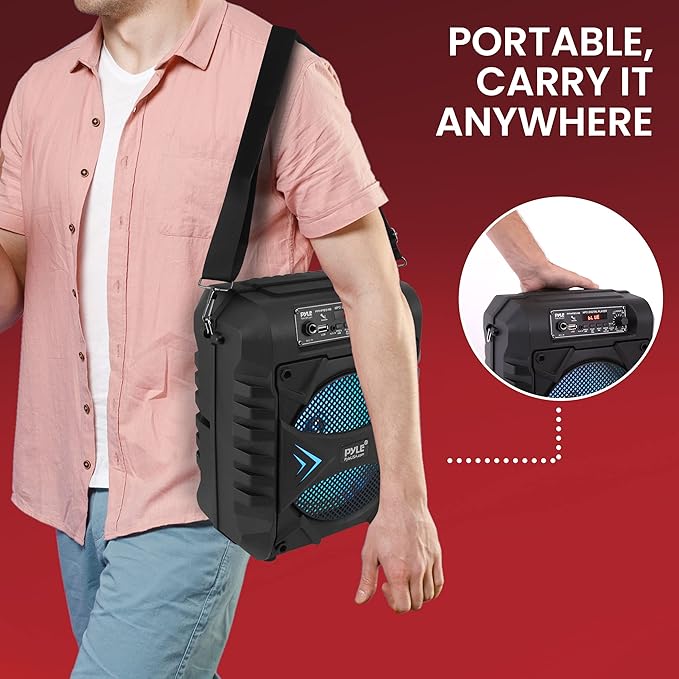 Pyle Portable Bluetooth PA Speaker System, 300W Rechargeable Outdoor Bluetooth Speaker Portable PA System w/ 8” Subwoofer, AUX, Microphone in, Party Lights, MP3/USB, Radio, Remote