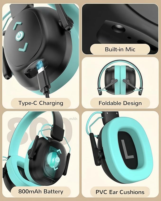Kids Bluetooth 6.0 Safety Earmuff for Kids, 29dB SNR Noise Cancelling Headphones with 94dB Lock Noise Reduction, 80H Playtime, Hearing Protection for Autism, Travel, Monster Jam, Black