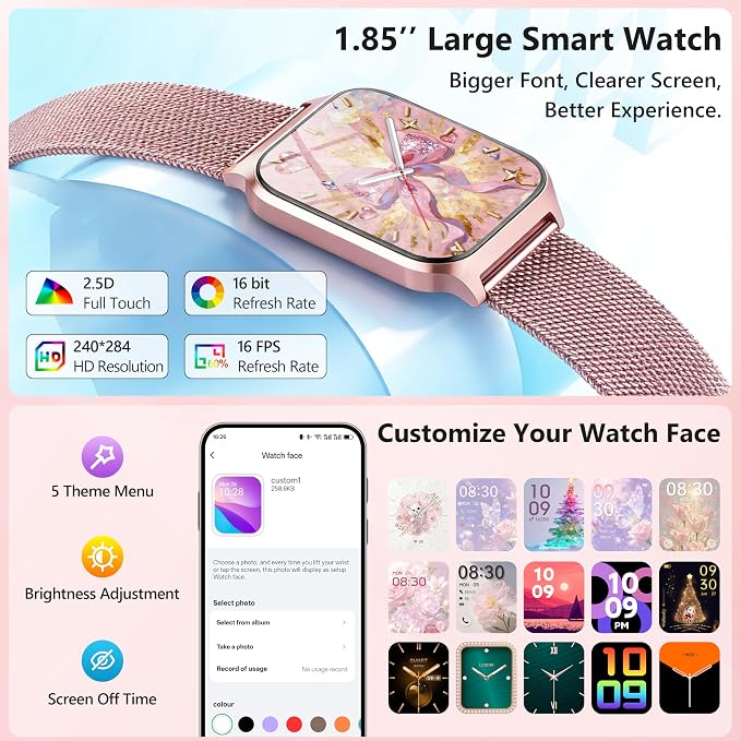 Smart Watch Women Men, 1.85" Lightweight Fitness Tracker Make/Answer Call, HR/Blood Pressure/Sleep Monitor, 110+Sport Modes, Waterproof Reloj inteligente Compatible for Android & Samsung & iPhone