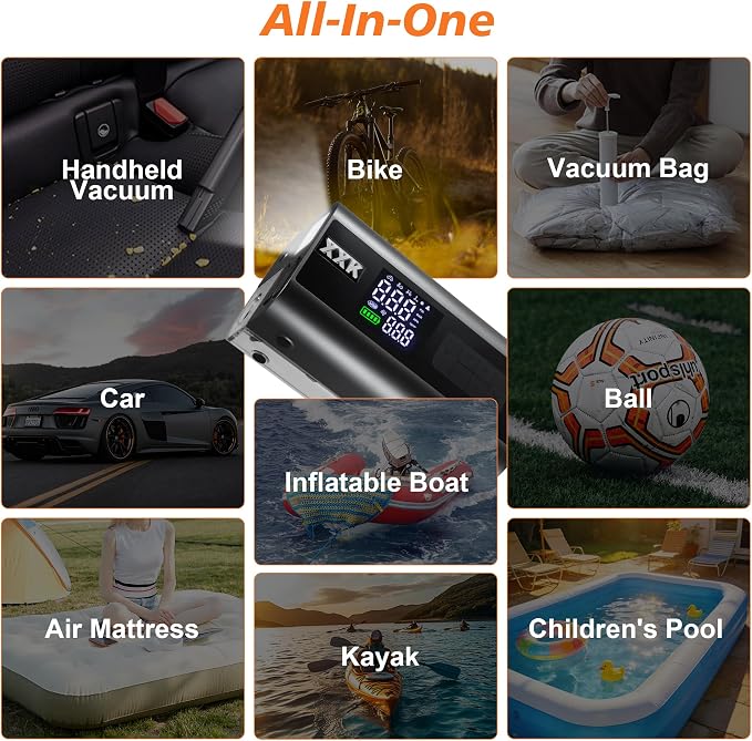 Tire Inflator Portable Air Compressor,2000A Battery Car Jump Starter, Auto Shut-Off,160PSI Air Pump with Tire Gauge Pressure&LED Light,15000PA Vacuum with Suction &Blow, for Cars, Motorcycles, Balls