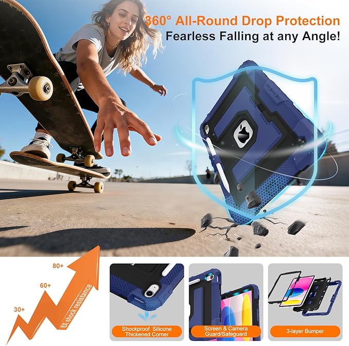Case for iPad A16 11th/10th Generation 11/10.9 Inch 2025/2022, Ubearkk for iPad a16 case Military Grade Fully-Body Rugged Shockproof Cases with Large Kickstand Pen Holder Shoulder Strap, Navy Black