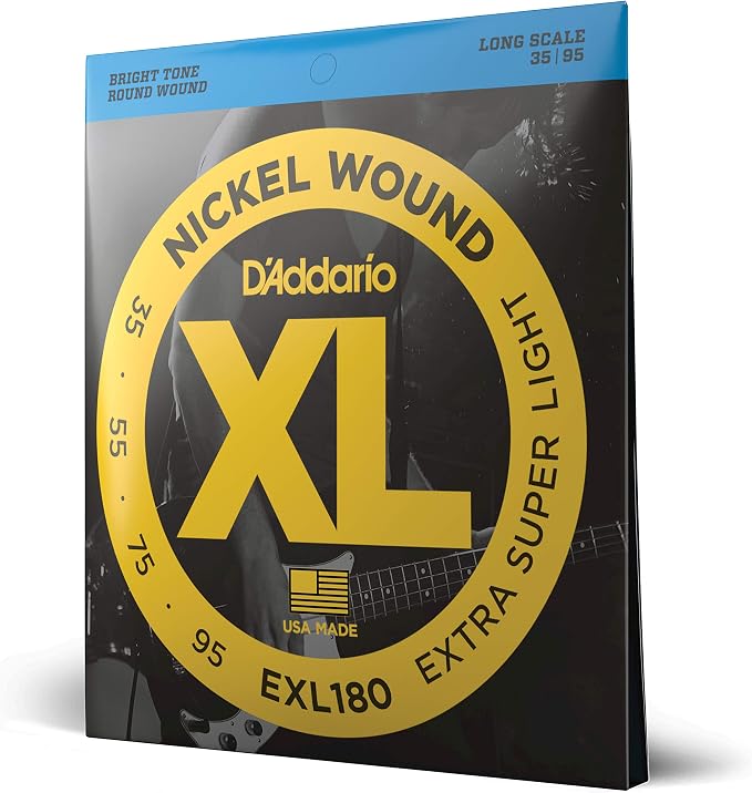 D'Addario Electric Bass Guitar Strings, XL Nickel, EXL180, Extra Super Light Gauge 35-95, Long Scale, 4-String Set, Pack of 1
