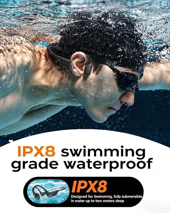 Bone Conduction Headphones, IPX8 Waterproof Swimming Headphones, Open Ear Headphones with MP3 Mode 32GB Memory Up to 10 Hours Playtime, Bluetooth 6.0 Ear Buds Secure Fit for Running and Fitness