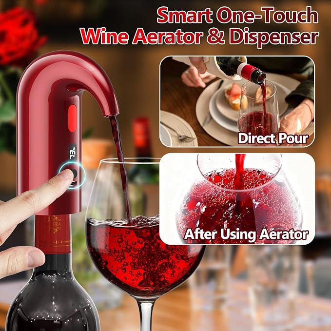 Fathers Day Gift Electric Wine Aerator & Dispenser – 1-Touch Instant Aeration, Precision Pouring & Temp Display – USB Rechargeable Gift Edition for Parties, Holidays & Wine Lovers (Red)