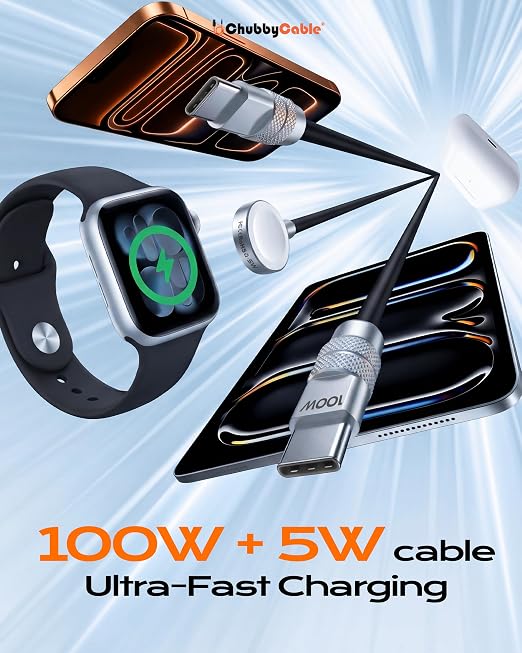 chubbycable Duo-Core Flex 2-in-1 USB C Cable 100W Fast Charging 5W [40Mins 80%] Magnetic Apple Watch Charger 4FT Soft Silicone Compatible with iWatch, iPhone, iPad, MacBook, AirPods, Black