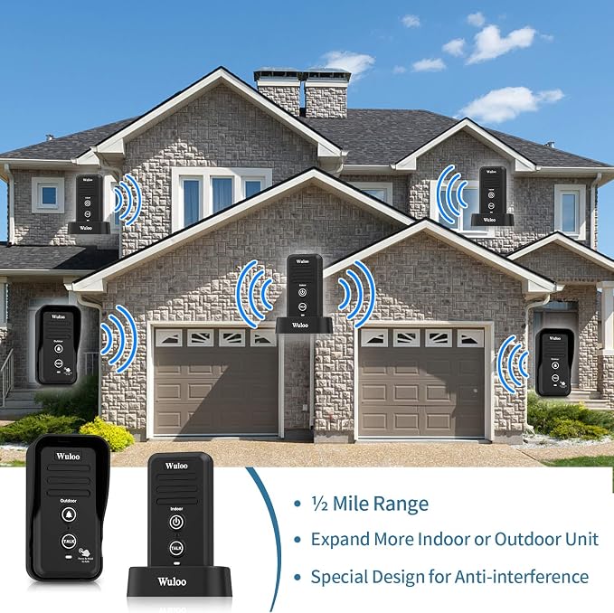 Wuloo Wireless Intercom Doorbells for Home Classroom, Intercomunicador Waterproof Electronic Doorbell Chime with 1/2 Mile Range 3 Volume Levels Rechargeable Battery (Black, 1&1)