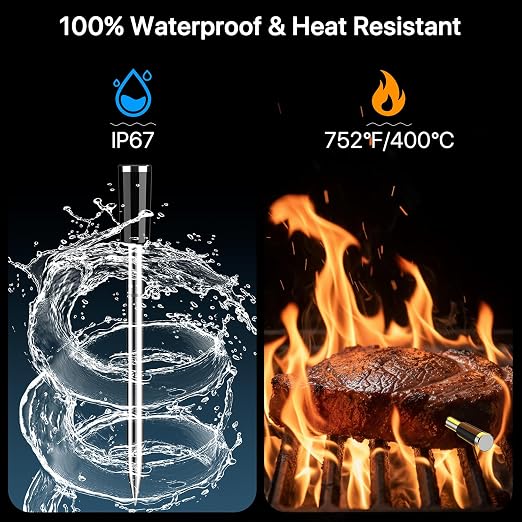 BFOUR Bluetooth Wireless Meat Thermometer with Smart Standalone Base, WiFi Unlimited Range, Dual Probes & 6 Precision Sensors, IP67 Waterproof Meat Probe Thermometer for Smoker, BBQ, Oven, Grill