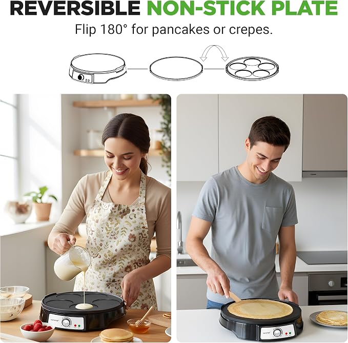 Electric Crepe Maker & Griddle Cooktop | Nonstick Reversible 12 Inch Hot Plate with LED Indicator Lights & Adjustable Temperature Control | Wooden Spatula & Batter Spreader NutriChef Included