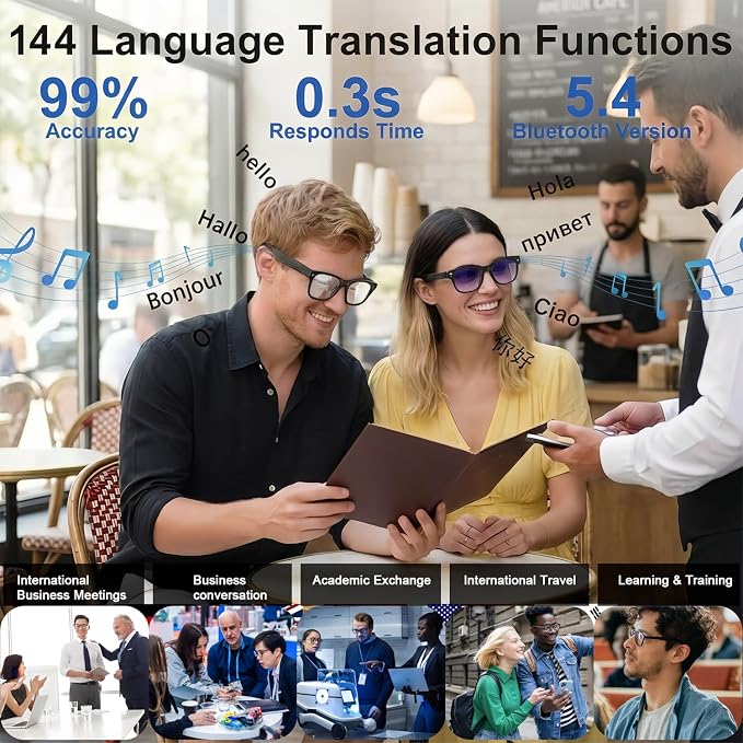 AI Smart Glasses with Camera, 8MP HD Bluetooth Camera Glasses, 1080P Video Recording Sunglasses for Women Men, Real Time Translation, Voice Assistant, Open Earbuds for Travel, Work Vlog (3 lenses)