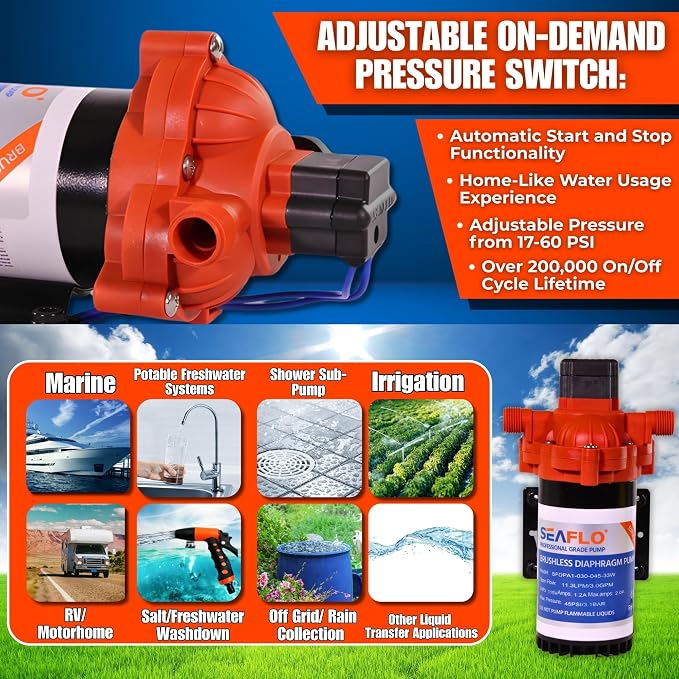 SEAFLO 33W Series 115V AC, 3.0 GPM, 45 PSI Brushless Automatic Demand Diaphragm Water Pressure Pump – Ultra Quiet Operation, Self-Priming, Overload Protection, NSF & UL Certified- 4 Year Warranty!