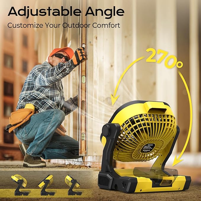 Battery Operated Fan for Dewalt 20V Max battery, Portable Fan with AC Adapter & LED Lights, 4 Speeds & Hook, Cordless/Camping/Battery Powered fan, for Outdoor Jobsite (Battery Not Included)