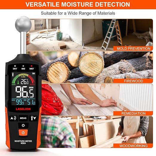 LASELION MS04 Pinless Moisture Meter with Ball Probe for Non-Destructive Area Scans Ideal for Wood Walls and Construction Materials Customizable Humidity Alarms Built-in Flashlight