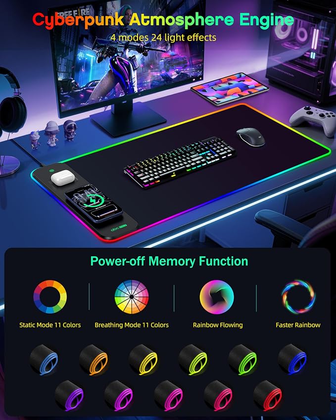 RGB Gaming Mouse Pad with Wireless Charging for Phone/AirPods, 31.5"x15.8" Large, 24 Light Effects, Non-Slip Base, Waterproof Ultra-Smooth Surface, with Adapter