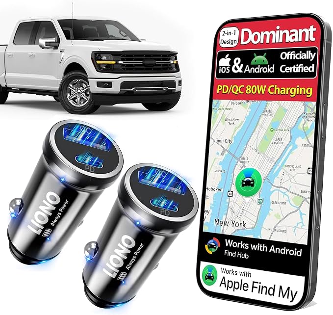 LIONO Car GPS Tracker & Charger with Built-in Rechargeable Battery, GPS Tracker for Vehicles, Hidden Car Tracker for Anti-Theft & Parking Location, for Family& Fleets, No Monthly Fee, No SIM, iOS Only | Apple Find My & Android compatible, rechargeable ...