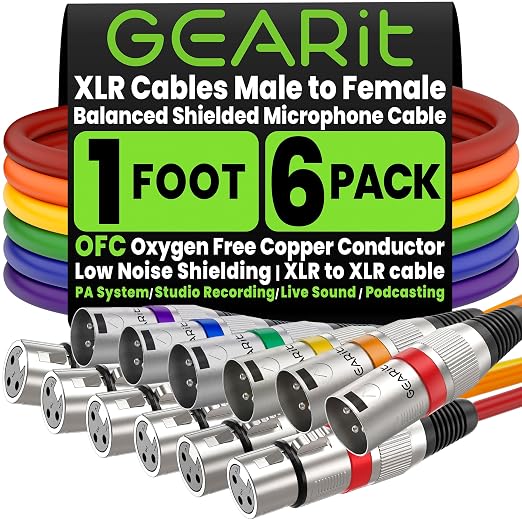 GEARit XLR Cables 1ft 6 Pack Multi Colors, XLR Male to Female Microphone Cable, Balanced Shielded Mic Cable with Copper Conductors for Recording Studio, Podcast, Stage Audio & Live Sound