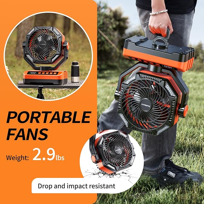 Doublepow 20000mAh Camping Fan with LED Light, Rechargeable Portable Table Fan, Upgrade with Remoter & Hook Auto-Oscillating Digital Display 5 Speeds & Timer, for Outdoor, Travel, Picnic, Power Outage