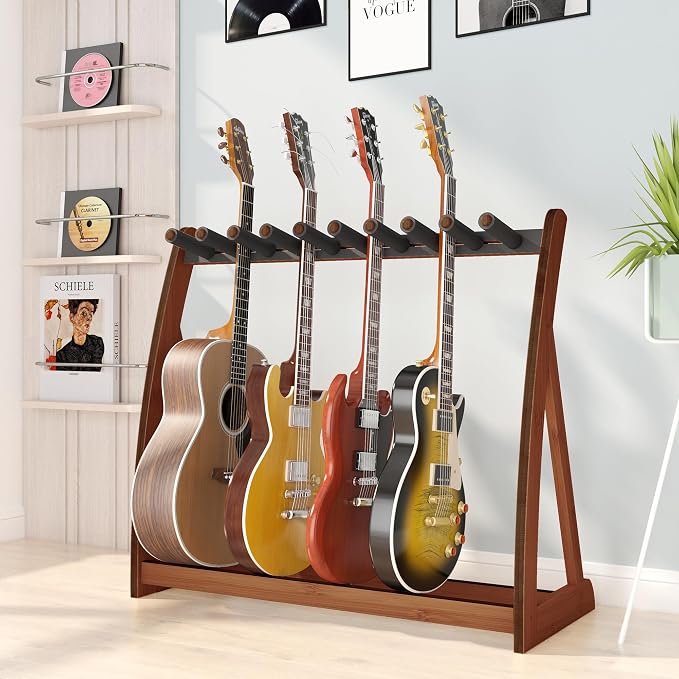 Guitar Stand Rack, Multi-Guitar Display Rack Adjustable Bamboo Guitars Holder Electric Guitar Stands Floor Storage for Bass Acoustic, Home Studio, Band Stage