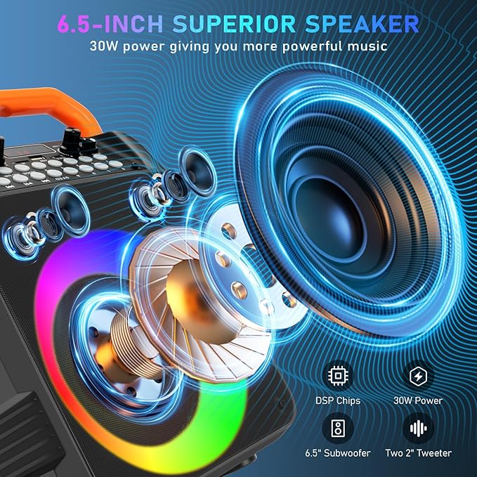 Karaoke Machine with 2 Wireless Microphones, Portable Bluetooth Karaoke Speaker for Adults & Kids with Strobe Lights, Karaoke Microphone with PA System Supports TWS/USB/TF/REC/FM/AUX