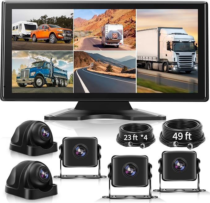5 Channel Backup Camera System for Truck & RV – 10.36” IPS Touch Screen Monitor with 5 1080P HD Cameras, Smart BSD Alert, DVR Loop Recording, IP69 Waterproof Dash Cam for Semi Truck, Trailer, Van