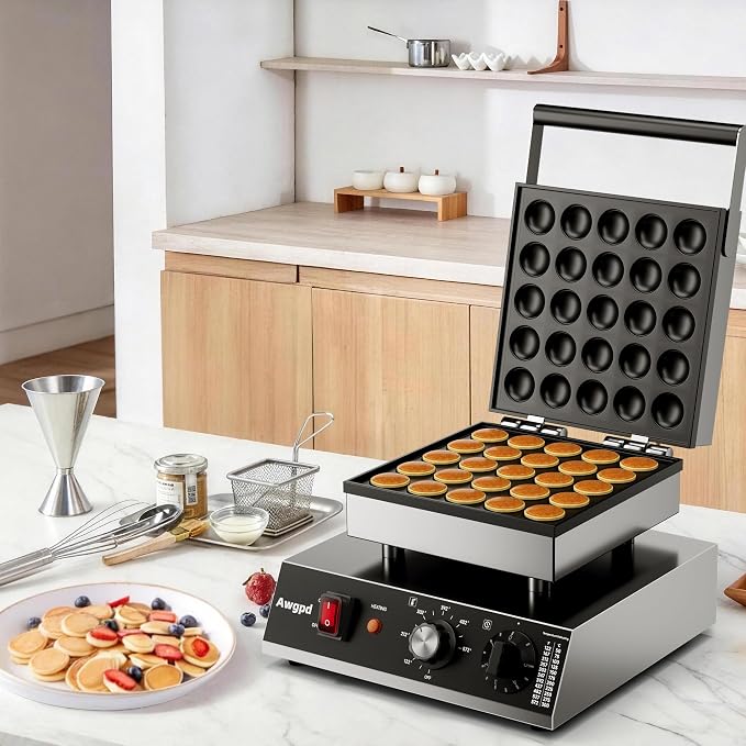 Mini Dutch Pancake Maker,25pcs Mini Pancake Maker Machine,1700W Commercial Electric Poffertjes Grill,Stainless Steel,Temp & Time Control,for Home Kitchen Restaurant,Snack,Desserts