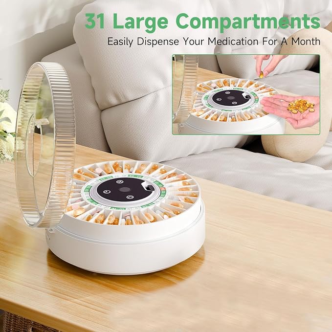 Zoksi Premium 31-Slot Automatic Pill Dispenser with Fingerprint & Key Lock, Smart Medication Organizer with Alarm & Light, Electronic Pill Organizer for Elderly & Forgetfulness(Green)