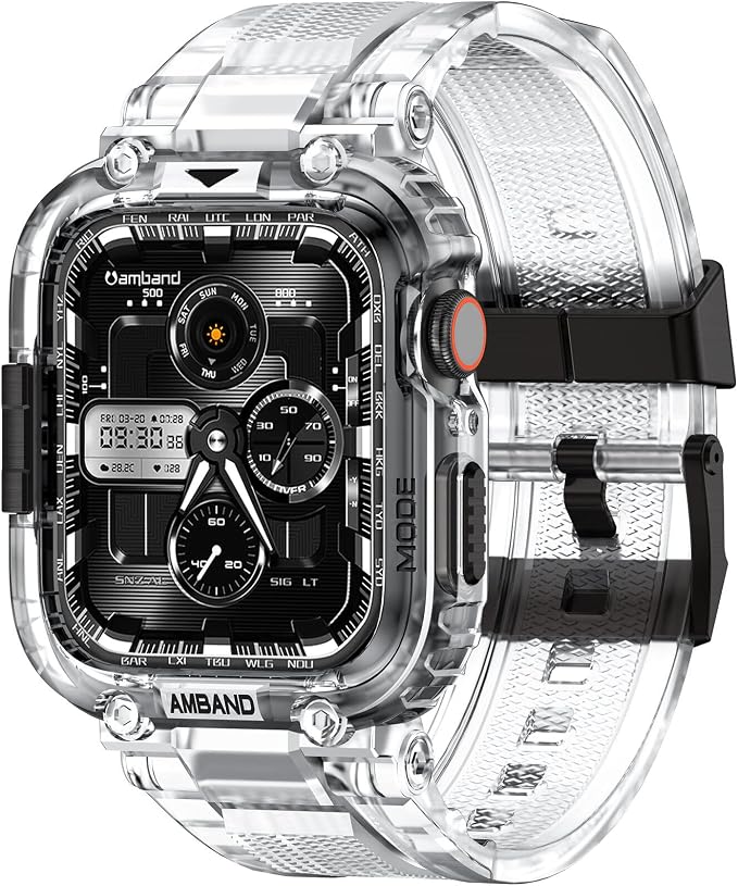 amBand Bands Compatible with Apple Watch 9/8/7 45mm, M1 Sport Series Rugged Case with TPU Strap Military Protective Tough Cover Bumper for iWatch SE3/SE2/SE/6/5/4 44mm Men Clear, Fathers Day Gift